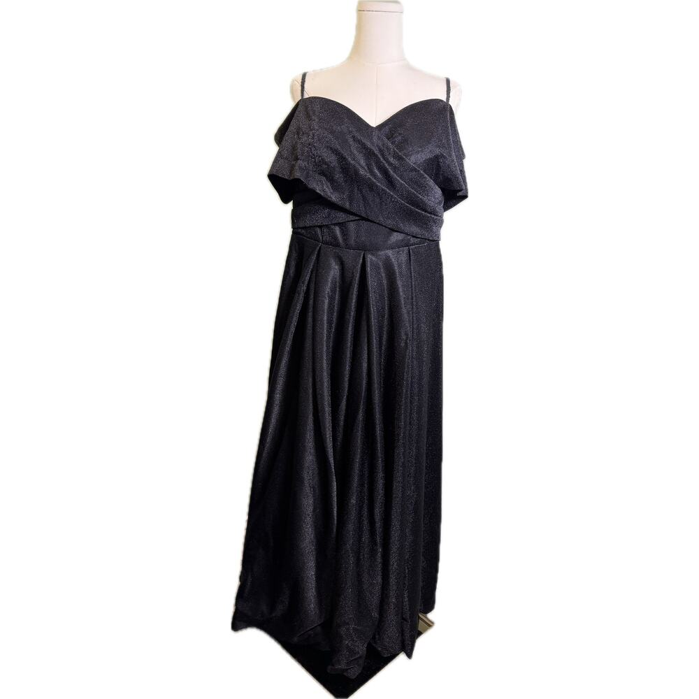 Full-length Spaghetti Strap Drape Neck Corseted Sparkly Black Dress - Size 14